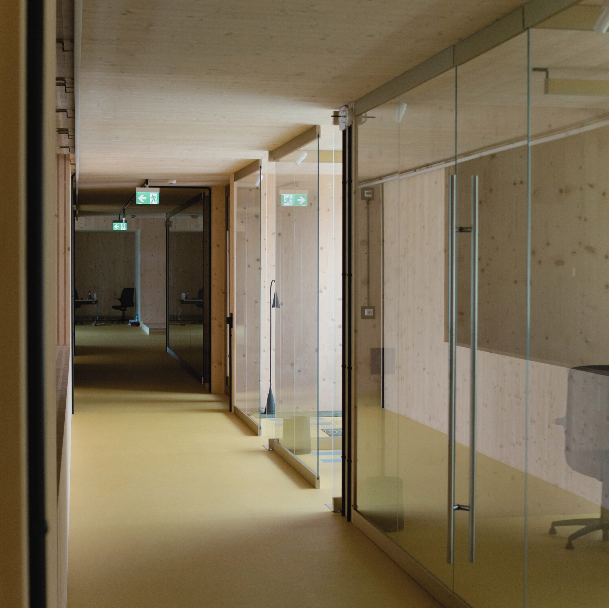 Interior office glass partition wall and glass doors installed in a commercial building